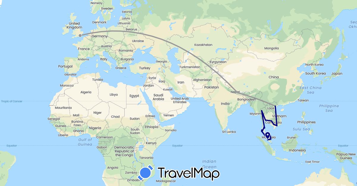 TravelMap itinerary: driving, plane in United Kingdom, Cambodia, Malaysia, Nepal, Thailand, Vietnam (Asia, Europe)